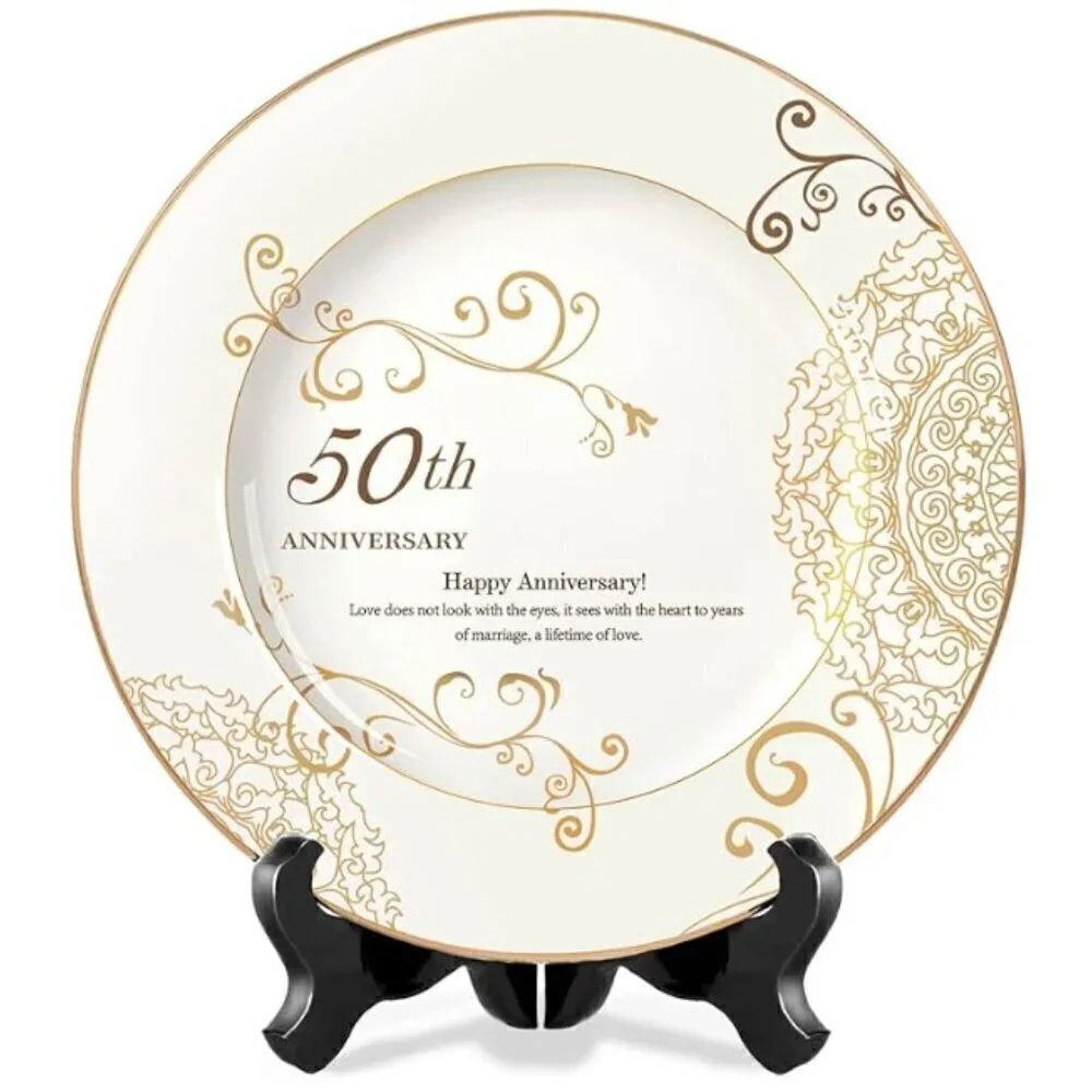 50TH ANNIVERSARY WEDDING PLATE, PORCELAIN GOLD PLATE WITH STAND 10 INCH